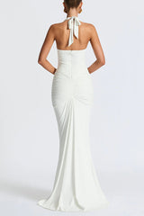 Solid Color Elegant Halterneck V-neck Open Back Tie Gathered Maxi Dress