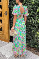 Floral Print V-neck Puff Sleeve Open-back Maxi Dress