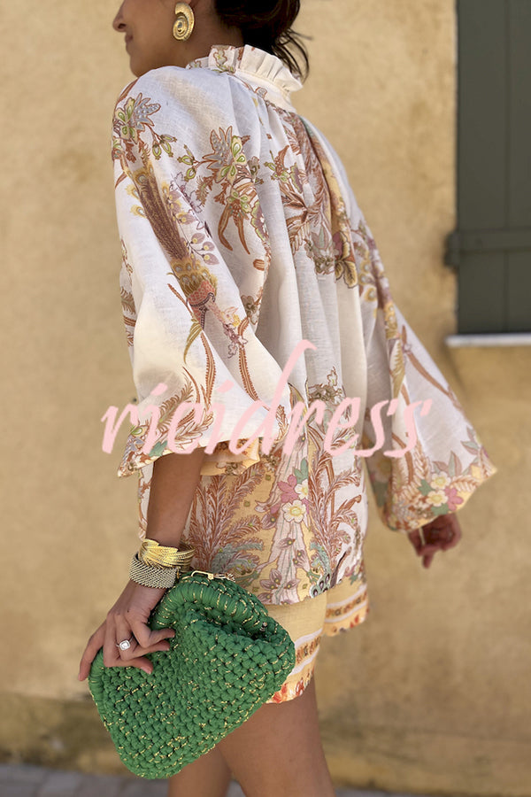 Botanical Print Palace Style Stand-up Collar Lantern Sleeve Loose Top and Casual Shorts Set