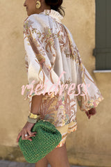 Botanical Print Palace Style Stand-up Collar Lantern Sleeve Loose Top and Casual Shorts Set