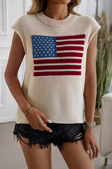 Independence Day Knitted Graphic Crew Neck Sleeveless Casual Top