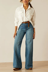 Fashion High Waist Casual Pocket Drape Stretch Straight Jeans