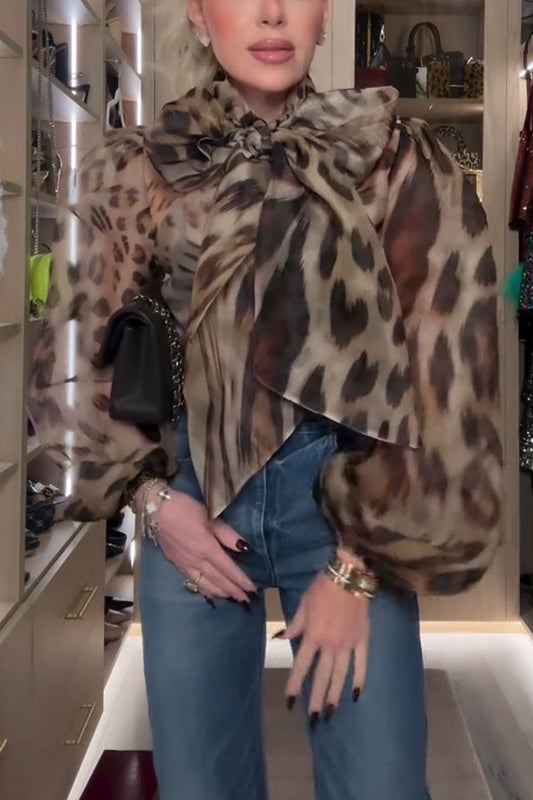 Peregrine Semi-sheer Silk Animal Print Bow Neck Balloon Sleeve Loose Blouse