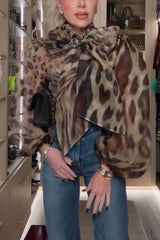 Peregrine Semi-sheer Silk Animal Print Bow Neck Balloon Sleeve Loose Blouse