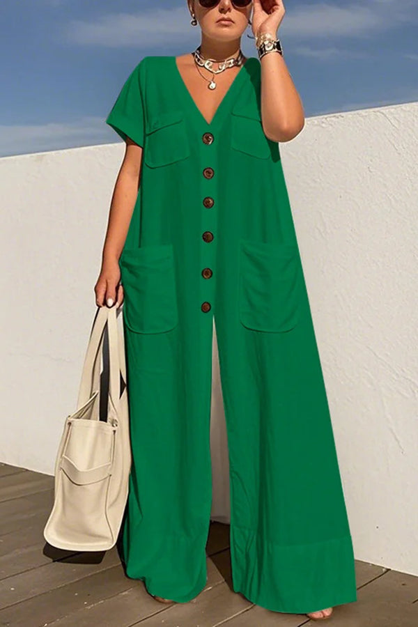 Solid Color V-neck Single-breasted Pocket Loose Casual Jumpsuit