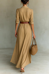 City Sleek Single Breasted Long Sleeve Warp Slit Shirt Maxi Dress