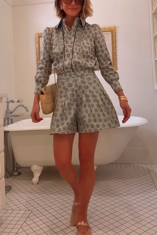 Deelia Unique Print Scalloped Edges Long Sleeve Blouse and Pleated Button Waist Flare Shorts Set