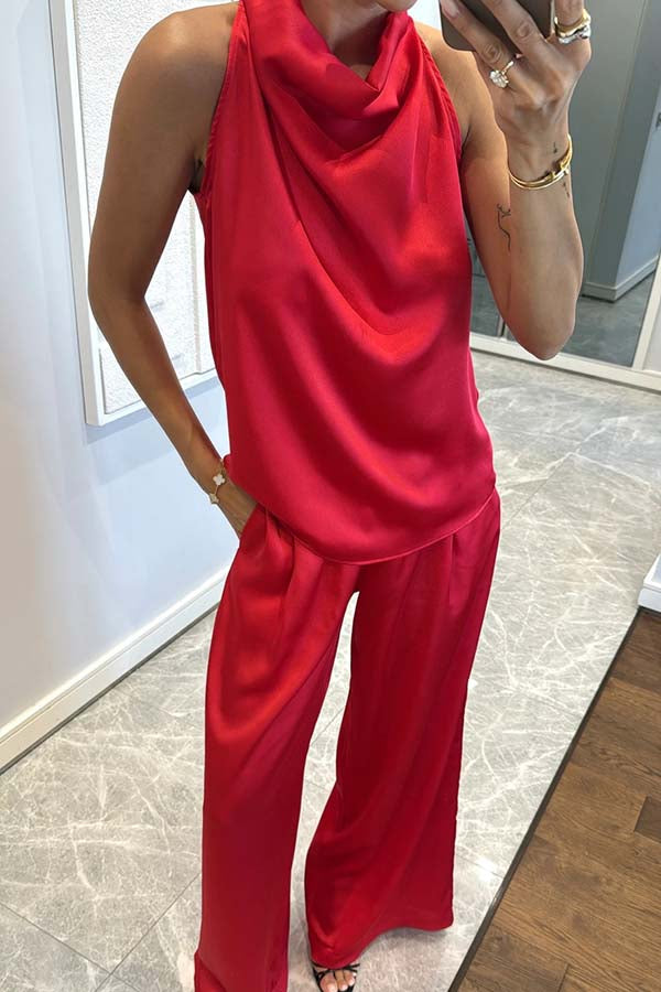 Classic on You Satin High Cowl Neck Top and Elastic Waist Pocket Loose Pants Set