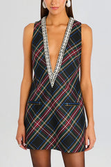 Elegant Demeanor Satin Gemstone Trim Deep V-Neck Tank H-line Mini Dress