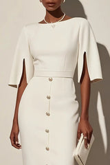 Solid Color Round Neck Slit Sleeve Waist Button Decoration Midi Dress