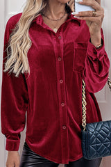 Solid Color Velvet Casual Lapel Pocket Loose Shirt