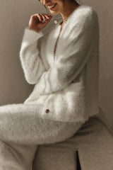 Solid Color Long-sleeved Button-pocket Knitted Jacket and Elegant Long Skirt Set