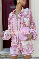 Botanical Print Palace Style Stand-up Collar Lantern Sleeve Loose Top and Casual Shorts Set