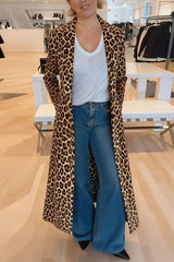 Leopard Print Long Sleeve Pocket Casual Maxi Trench Coat