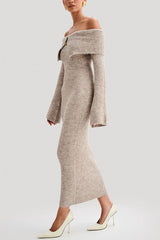 Solid Color Off-shoulder Long-sleeved Elegant Slim-fit Knit Maxi Dress