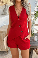 Solid Color Holiday Style V-neck Button Irregular Vest and Elastic Waist Casual Pocket Shorts Set