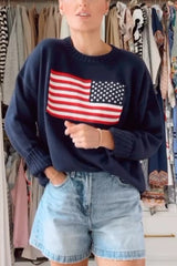 Flag Pattern Knitted Casual Crewneck Long Sleeve Sweater