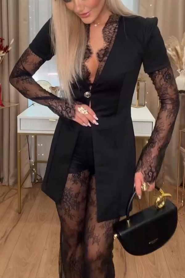 Margot Lace Patchwork Single-button Long Blazer and Lace Elastic Waist Flared Pants Set