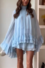Solid Color Chiffon Trumpet Sleeve Loose Mini Dress