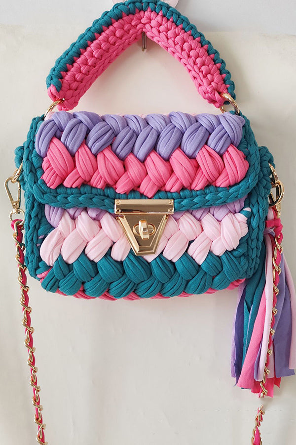 Contrast Color Stitching Braided Chain Tassel Bag