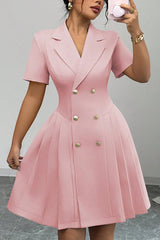 Solid Color Lapel Short Sleeve Button Waist Mini Dress