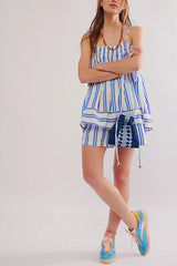 Striped Print Suspender Loose Pocket Top and Elastic Waist Casual Shorts Set