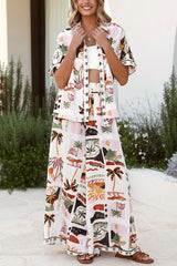 Holiday Style Holiday Print Casual Short-sleeved Shirt and Elastic Waist Loose Pocket Wide-leg Pants Set