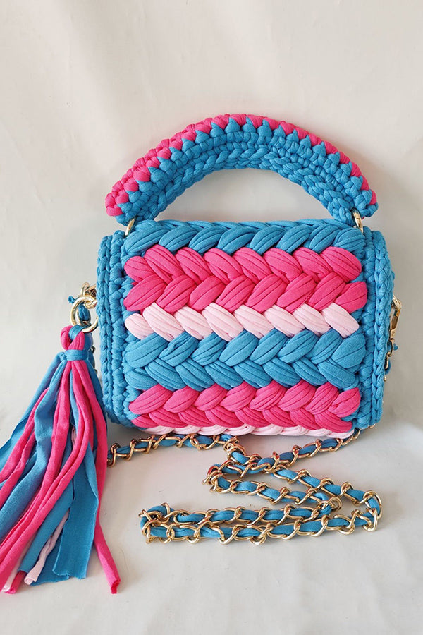 Contrast Color Stitching Braided Chain Tassel Bag
