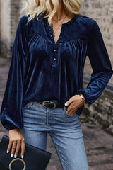 Solid Color Velvet V-neck Long-sleeved Loose Button Top