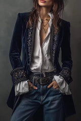 Gold Velvet Patchwork Printed Edge Long-sleeved Casual Jacket