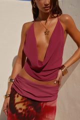 Sexy Deep V Backless Draped Camisole Top and Floral Print Chiffon Maxi Skirt Set