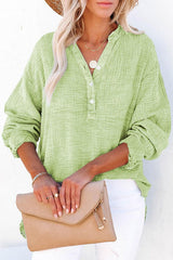 Solid Color Long Sleeve Pleated Button Loose Top