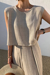 Linen Blend Casual Round Neck Sleeveless Top and Loose Wide-leg Pants Set
