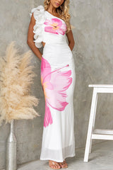 Floral Print One-shoulder Fitted Mesh Maxi Dress