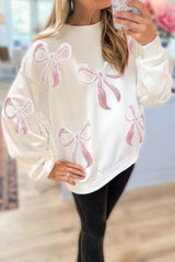 Christmas Pink Bow Sequin Loose Casual Long Sleeve Sweatshirt
