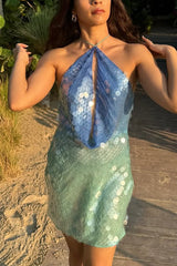 Fashion Sexy Sequined Backless Halter Neck Slim Fit Mini Dress