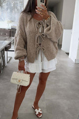 Solid Color Long-sleeved V-neck Lace-up Loose Knitted Sweater