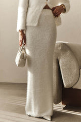Solid Color Long-sleeved Button-pocket Knitted Jacket and Elegant Long Skirt Set