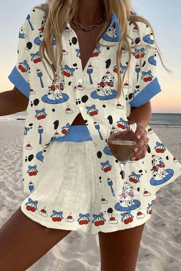 Dalmatian Print Loose Button Elastic Waist Shorts Set