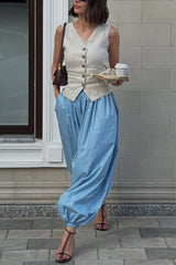 Solid Color Casual Pocket Elastic Waist Lantern Wide Leg Pants