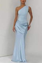 Stylish One-shoulder Sleeveless Satin Draped Slim-fit Maxi Dress