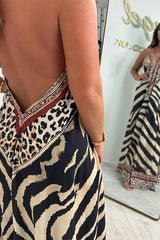 Unique Print V-neck Open Back Loose Maxi Dress