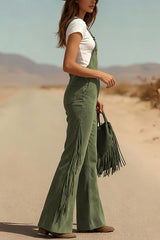 Stylish Suede Tassel Button Pocket Casual Wide-leg Overalls