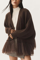 Fashionable Splicing Mesh Ruffle Knitted Long-sleeved Loose Cardigan