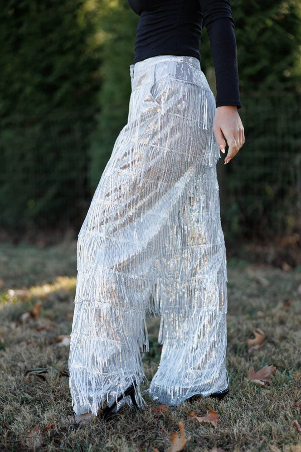 Music Festival Sequin Layered Tassels Mid Rise Pocket Loose Party Pants