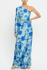 Satin Botanical Print One-Sleeve Resort Maxi Dress