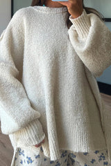 Solid Color Loose Long-sleeved Round Neck Knitted Split Sweater