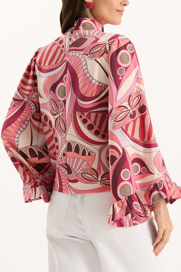 Sarah Unique Print High Neck Ruffle Bell Sleeve Top and Elastic Waist Pocket Loose Pants Set