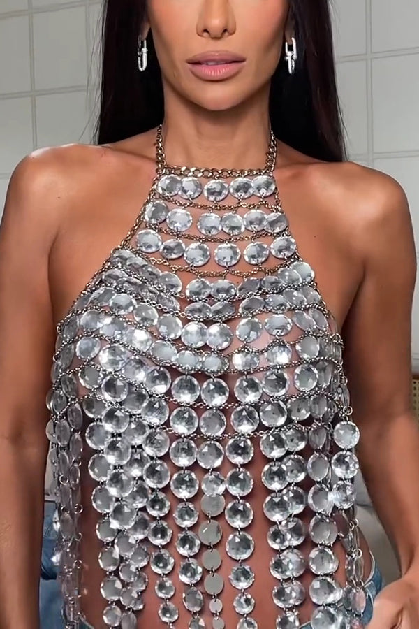 Sexy Halter Neck Metal Chain Gem Backless Vest