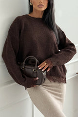 Caitlin Knit Lace Trim Patchwork Long Sleeve Back Slit Relaxed Sweater